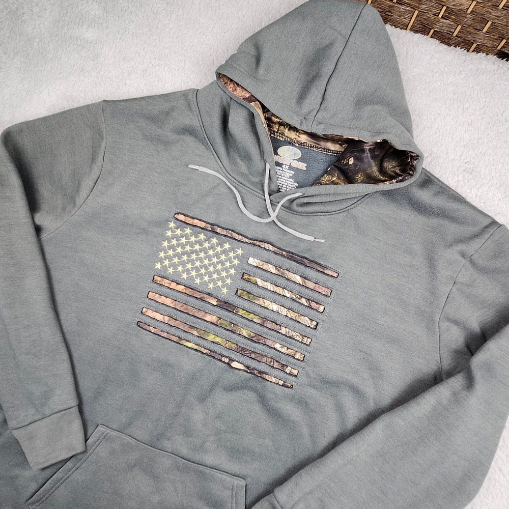 Mossy Oak Hoodie 4X Green American Flag Camo Inlay Pullover Outdoor Hunting Fish